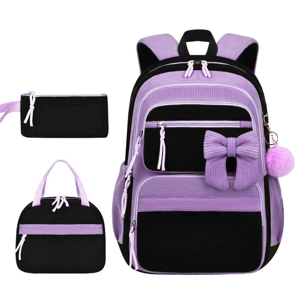 sac dos nylon dessin animé violet cerises rouges sac lunch boîte crayons poignees pompons compartiment isolant visibilite sécurité enfants