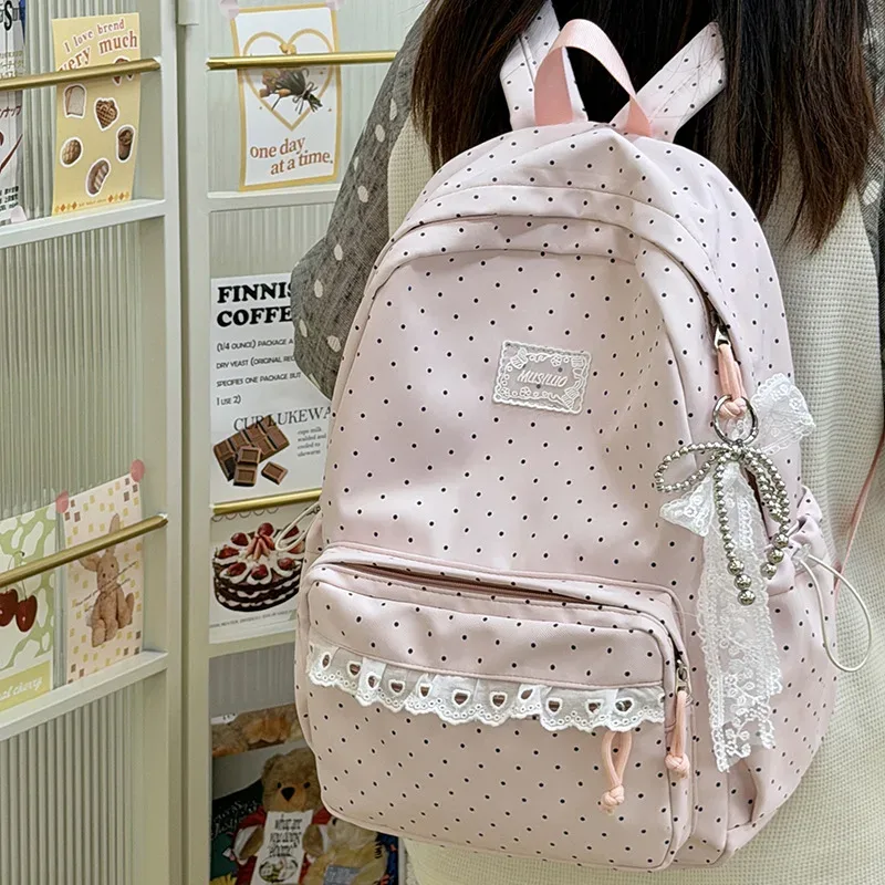 sac à dos à pois de style coréen, sac de voyage scolaire en nylon léger et mignon avec garniture en dentelle pour femmes