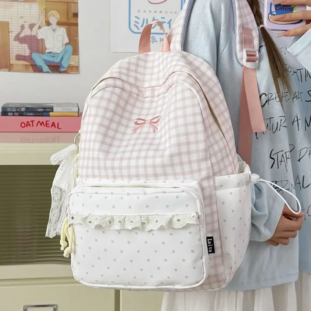 sac à dos mignon à pois avec nœud, design minimaliste, grande capacité, garniture en dentelle, pour les trajets quotidiens