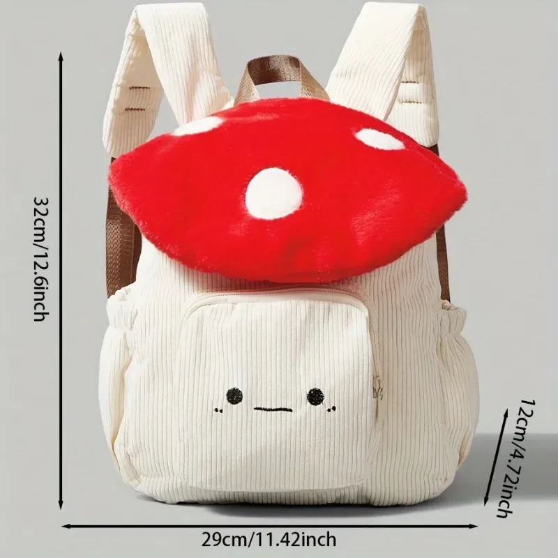 sac à dos champignon en peluche kawaii pour femmes, fourre-tout mignon avec bretelles réglables, fermeture à glissière, sacs à dos d'étudiant en velours côtelé rouge/blanc