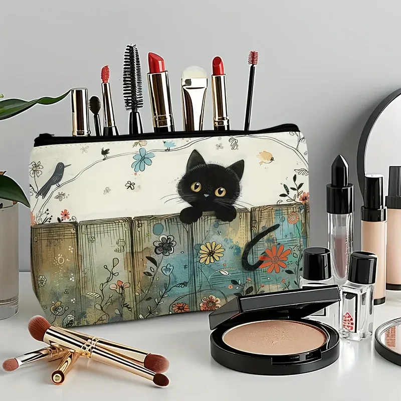 pochette florale à fermeture éclair pour chat noir – trousse à cosmétiques durable et résistante à la décoloration, cadeau pour sœurs, amis, amoureux des chats | conception vibrante
