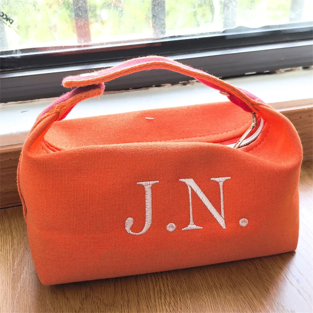 sac en toile à main pour femme, trousse de maquillage portable personnalisable avec nom, sac de rangement de voyage brodé avec nom, cadeau pour fille