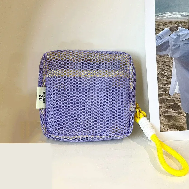 petite pochette de plage en maille transparente, trousse de toilette avec dragonne amovible, organiseur de voyage pour crème solaire, clés, câbles