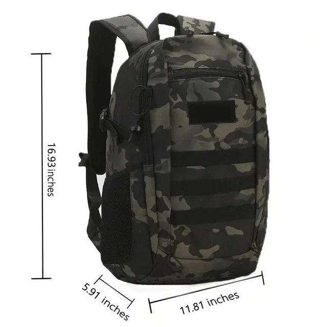 sac dos kaki bandes noires motif camouflage vert nylon polyestere poche integree fermeture éclair bandoulière arquée usage voyage extérieur sport camping chasse pechetrekking mini