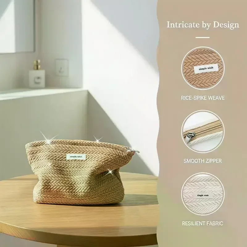 1 pièce Trousse de maquillage portable de haute qualité avec fermeture éclair, grande capacité, couleur unie, en tissu tissé, beige café, pochette