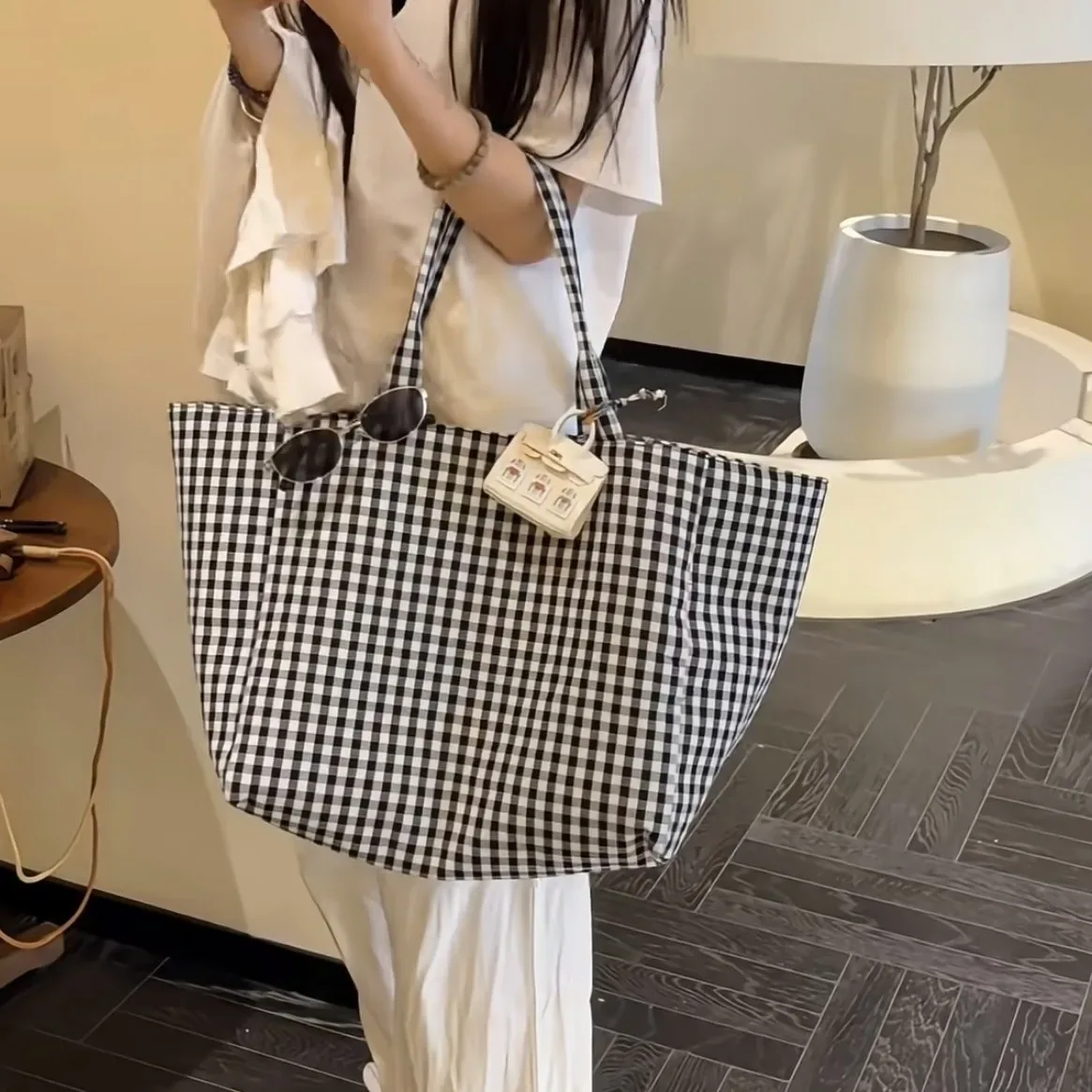 sacs fourre-tout coréens à carreaux harajuku pour femmes, sacs à bandoulière simples et polyvalents à la mode, sacs à main portables de grande capacité pour filles