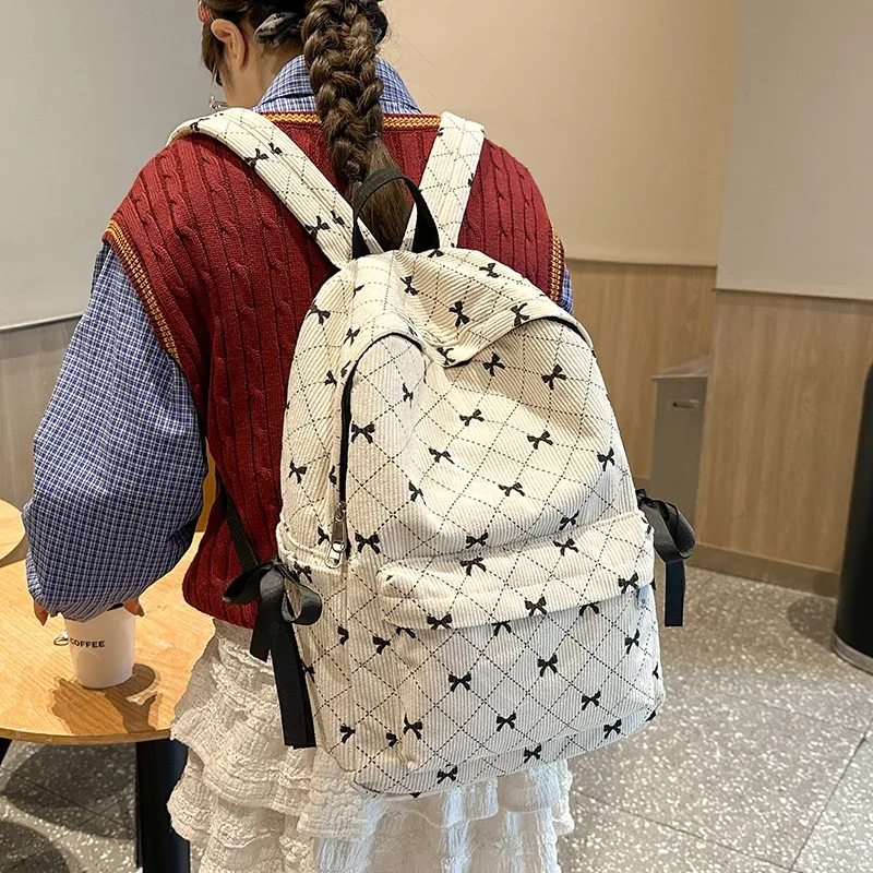 sac à dos avec nœud en velours côtelé pour étudiantes, pour lycéennes, joli sac à dos pour collège, automne et hiver