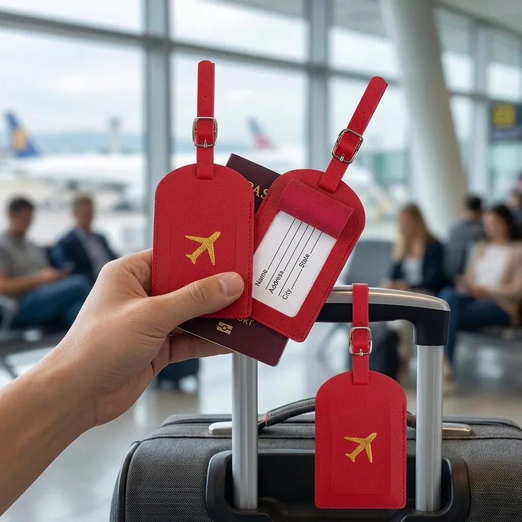 étiquette bagage cuir rouge doré avion nom adresse voyage affaires vacances lot pièce identification valise