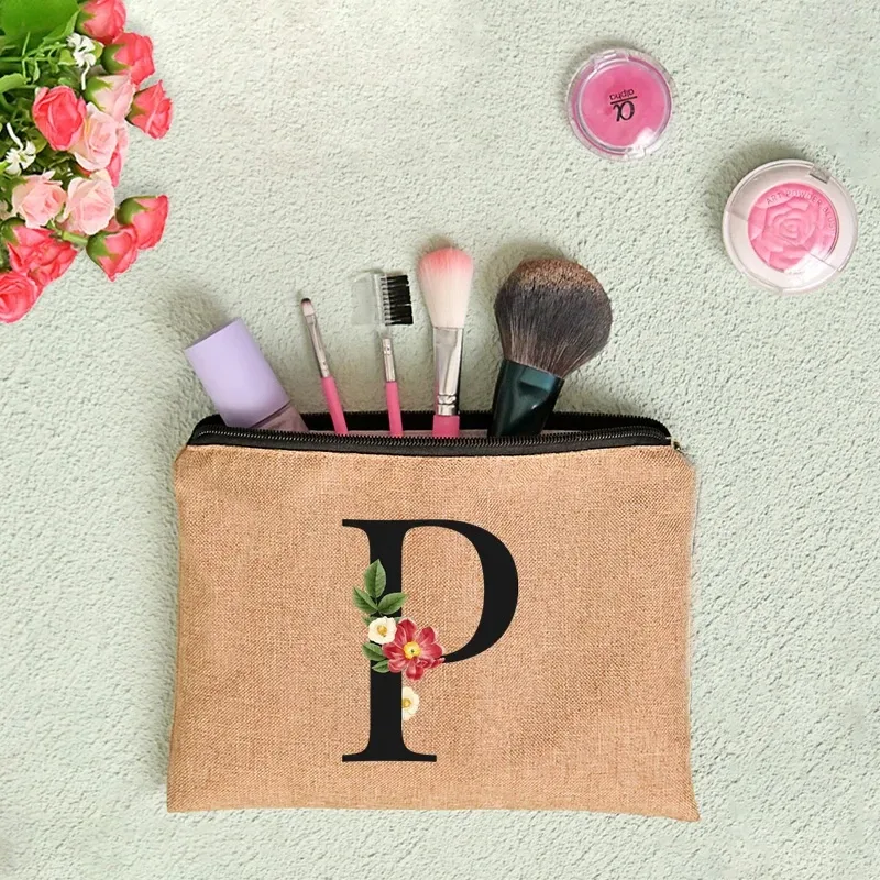 pochette en lin à fermeture éclair pour femmes, imprimé de lettres florales, étui de rangement de voyage, sac à cosmétiques, trousse de maquillage, sacs de maquillage de demoiselle d'honneur