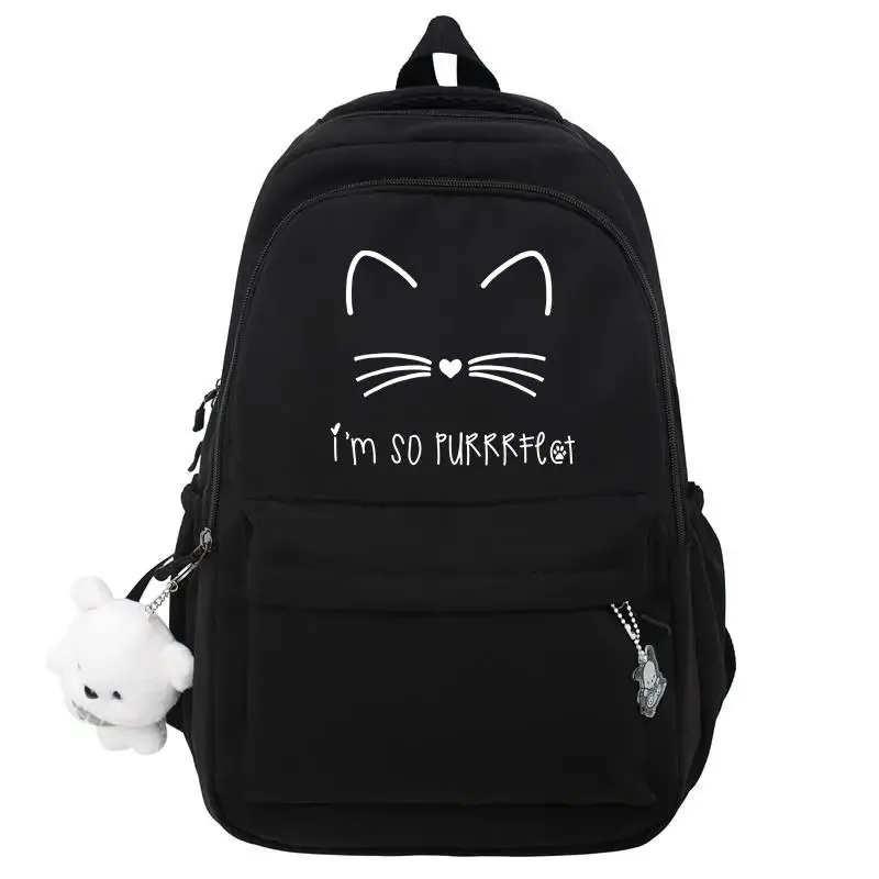 sac dos nylon noir dessin animé chats ours bandoulière arquée compartiment intérieur voyage école adolescents femmes hommes