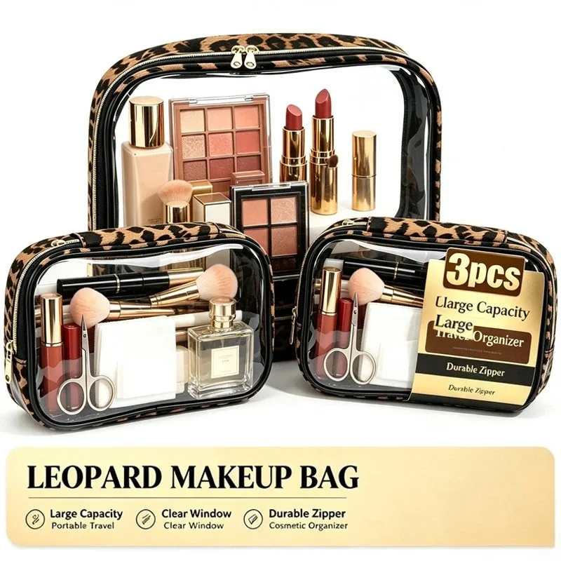 trousse de maquillage léopard imperméable grande capacité, 1/3 pièces, unisexe, transparente, pour voyage, organiseur de cosmétiques, trousse de toilette portable à fermeture éclair