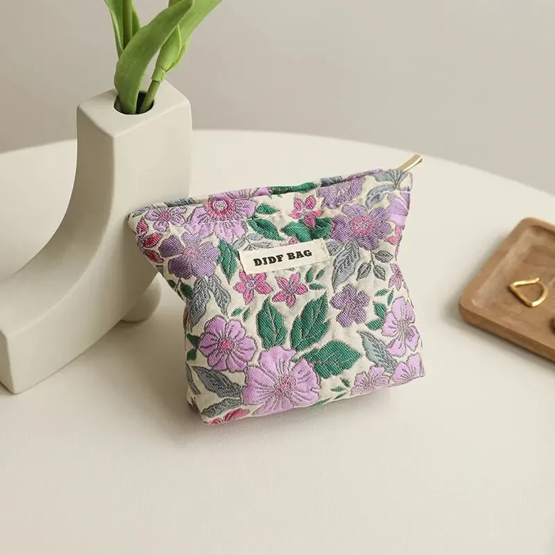 petite trousse de maquillage vintage pour femme, sac de rangement pour rouge à lèvres cosmétique, grande capacité, porte-monnaie portable, pochette commpiedmont, fleur violette