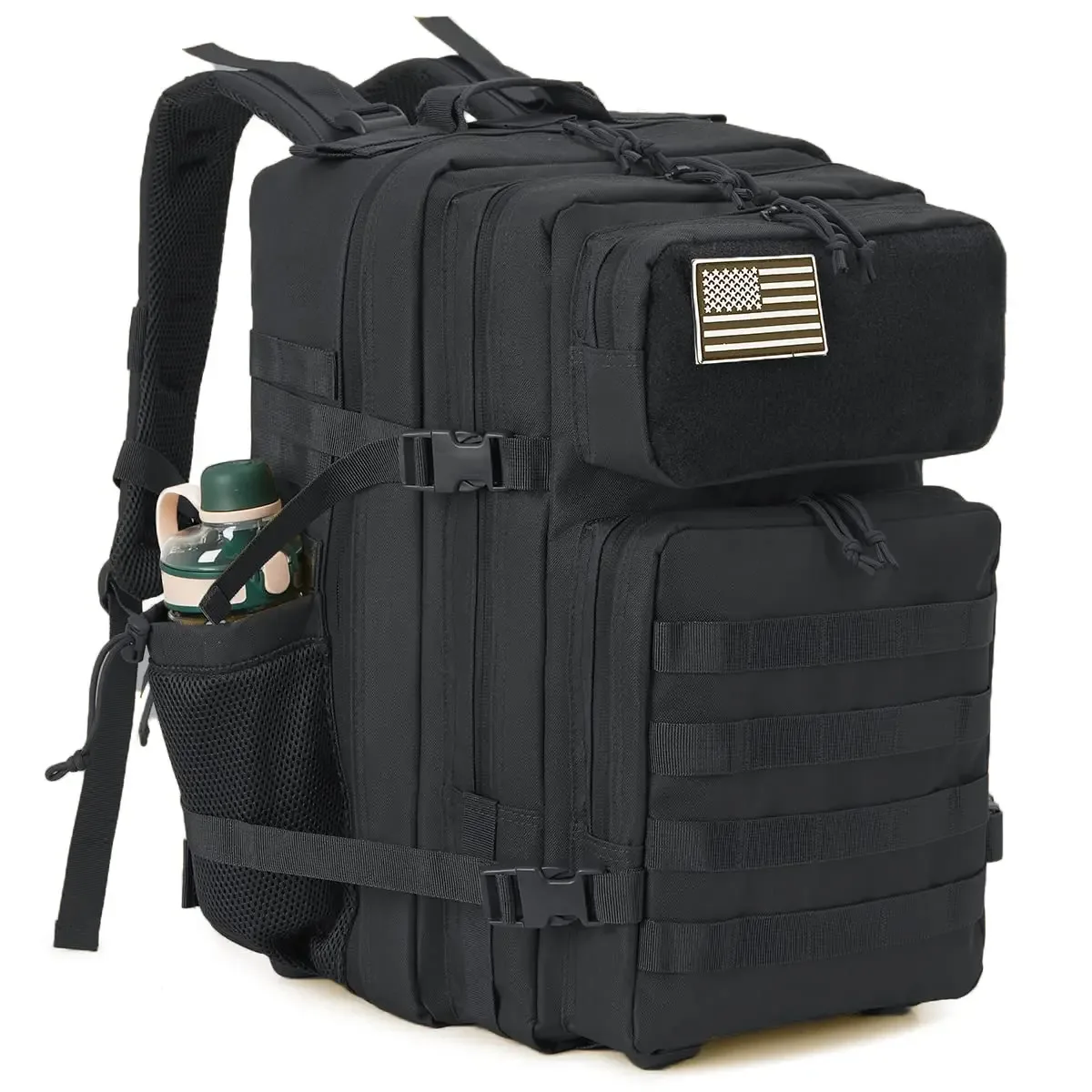 sac dos polyester noir motif bandes verticales poches ouvertes poche intérieure zippée bandoulière arquée escalade camping randonnée