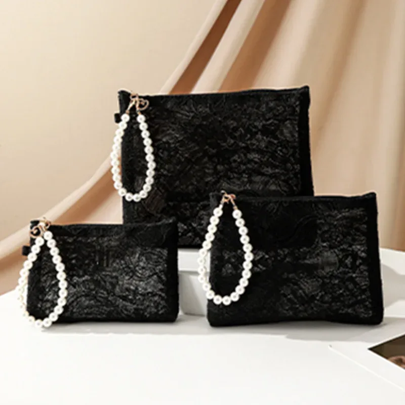 petite trousse de maquillage en dentelle à fleurs avec chaîne de perles, pochette à cosmétiques pour femmes, organisateur de voyage, sac à main portable pour clés de téléphone, porte-monnaie