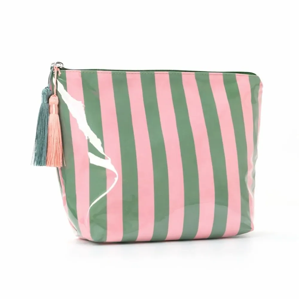 trousse de toilette de voyage portable à franges, grande capacité, fermeture éclair, sac cosmétique rayé en pvc brillant, design mignon, pochette à pinceaux de maquillage