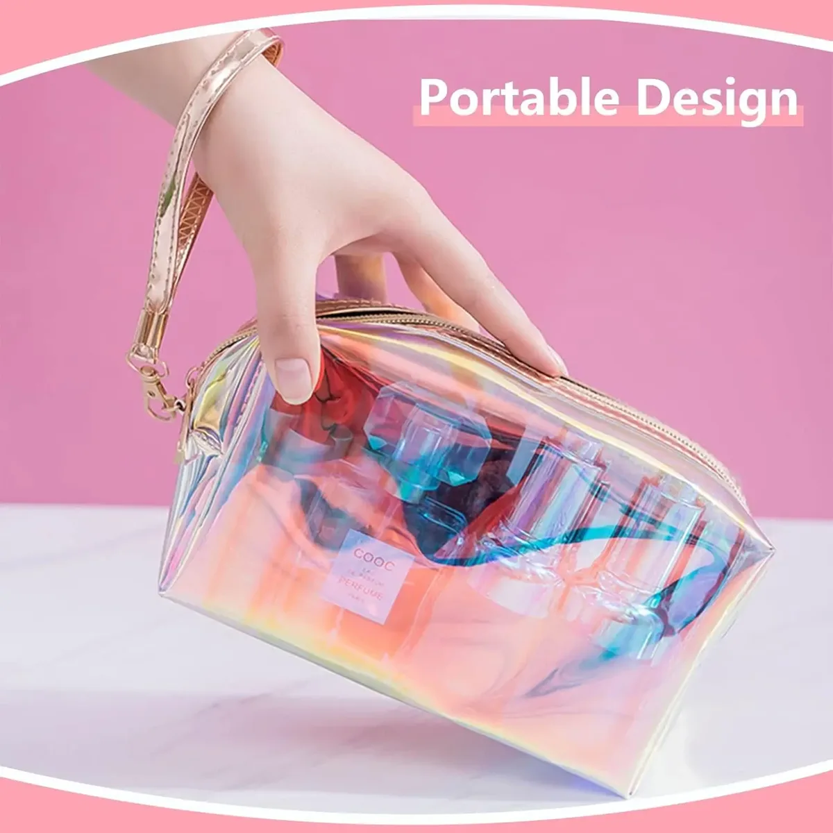 pochette de maquillage holographique, pochette de maquillage transparente en pvc, pochette cosmétique irisée, pochette cosmétique portable de voyage, sacs cosmétiques en tpu