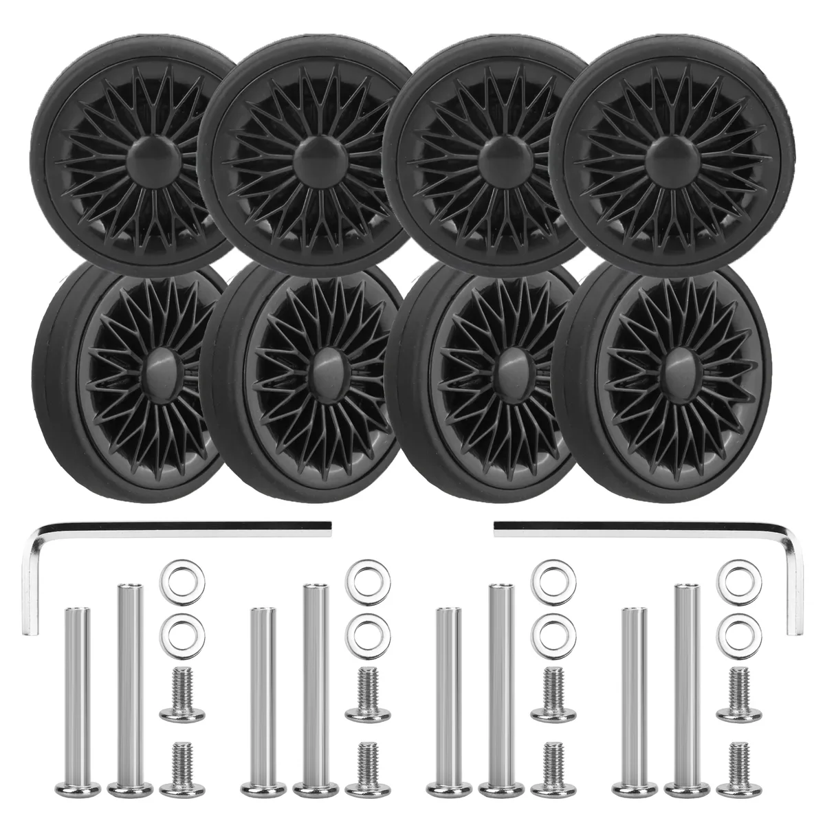 roues remplacement plastique métal noires vis ecuirs rondelles valise réparation voyage silencieuses fluide utilisation divers surfaces