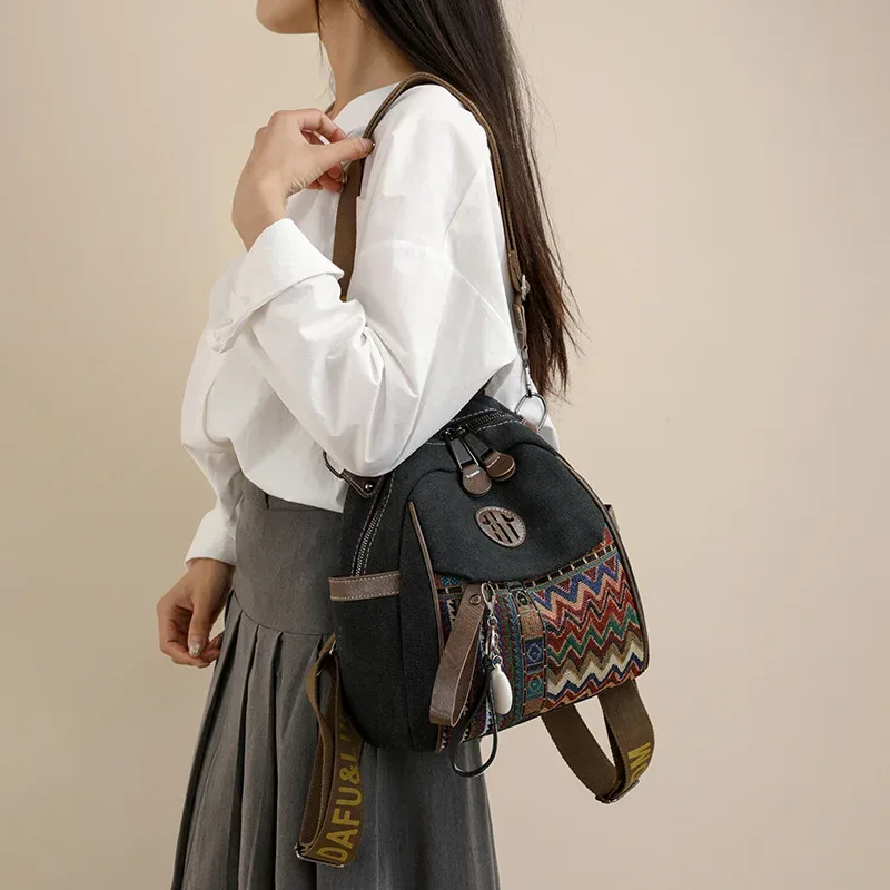 sac à dos en denim pour femmes, grande capacité, broderie vintage, sac à bandoulière multifonctionnel, 1 pièce