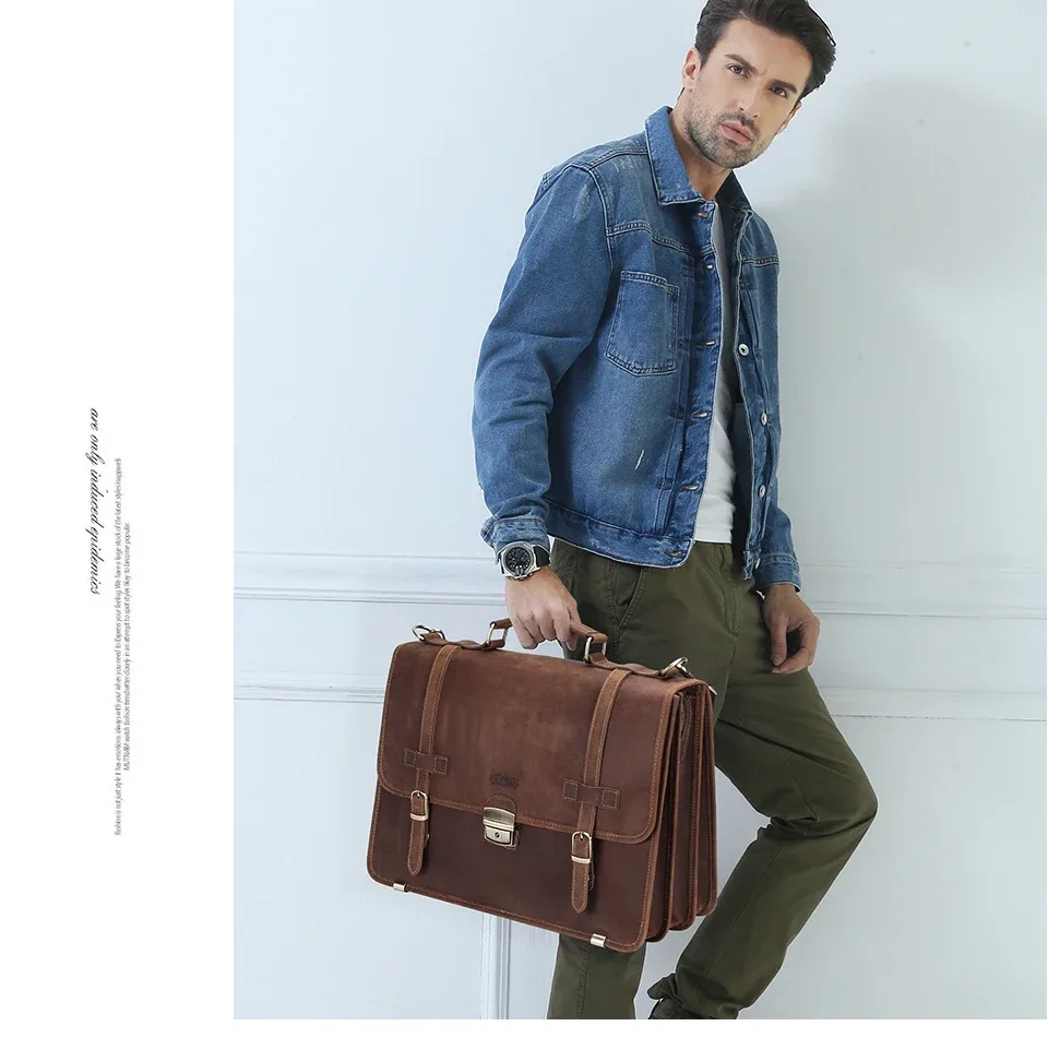 sacoche affaires cuir vache marron foncé bandoulière amovible boucles dorées fermeture loquet polyester intérieur poche téléphone portable usage voyage hommes
