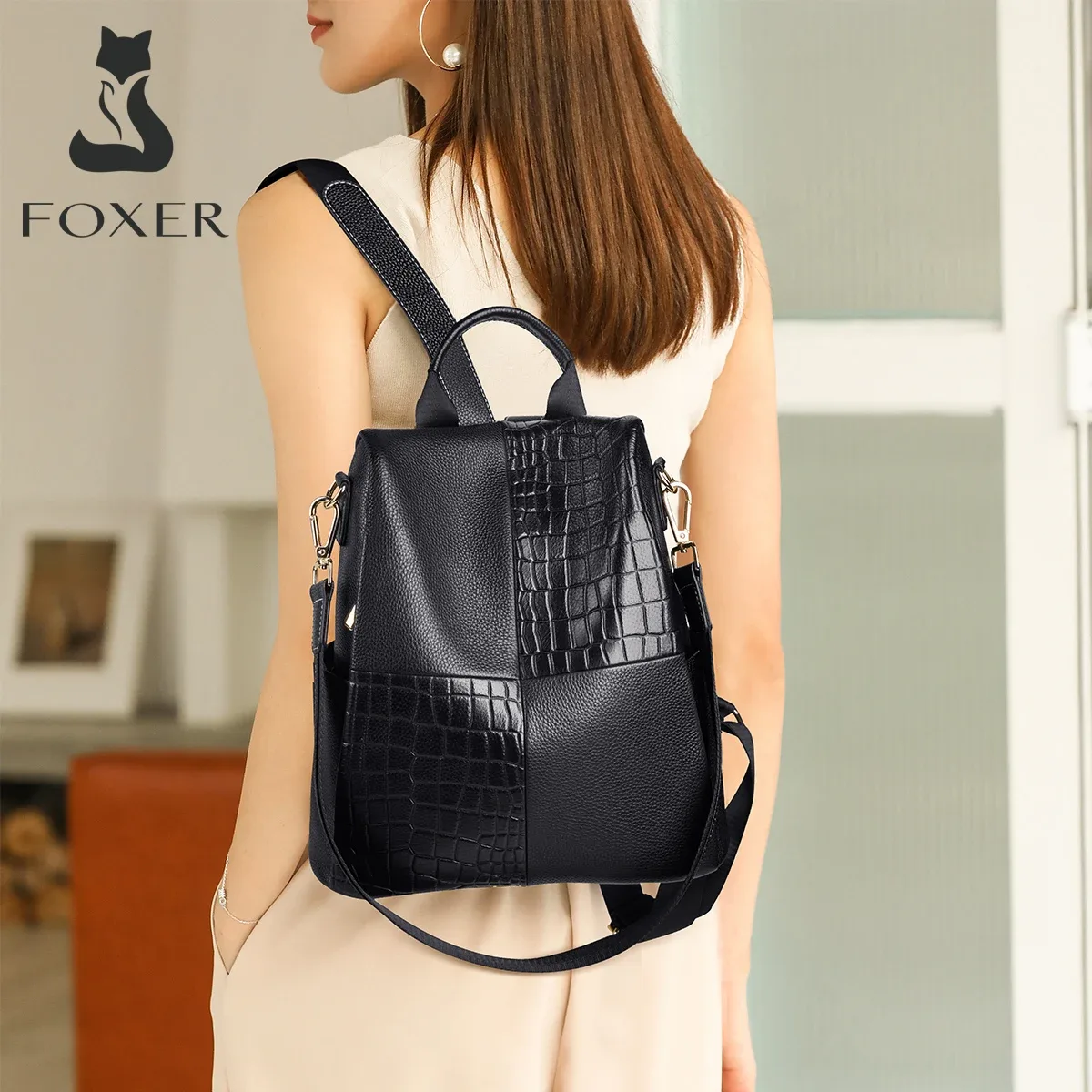 sac à dos pour femmes foxer, grande capacité, sac de voyage, sac à main en cuir souple pour femmes, sac à bandoulière décontracté pour femmes.