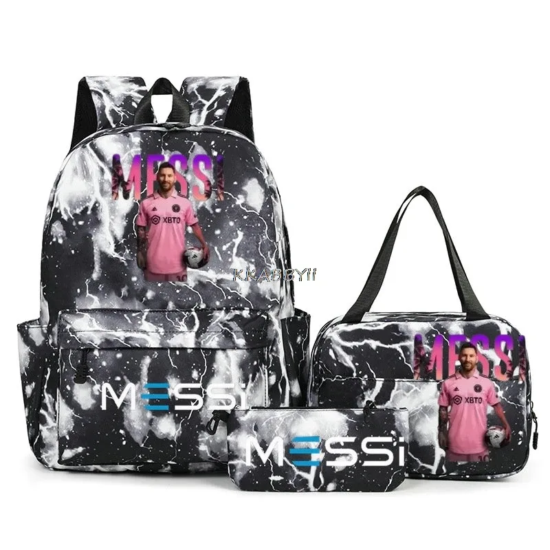sacs à dos de voyage et d'extérieur imprimés football messi pour femmes et filles, avec sacs à lunch, légers, pour adolescents, pour ordinateur portable, mochila