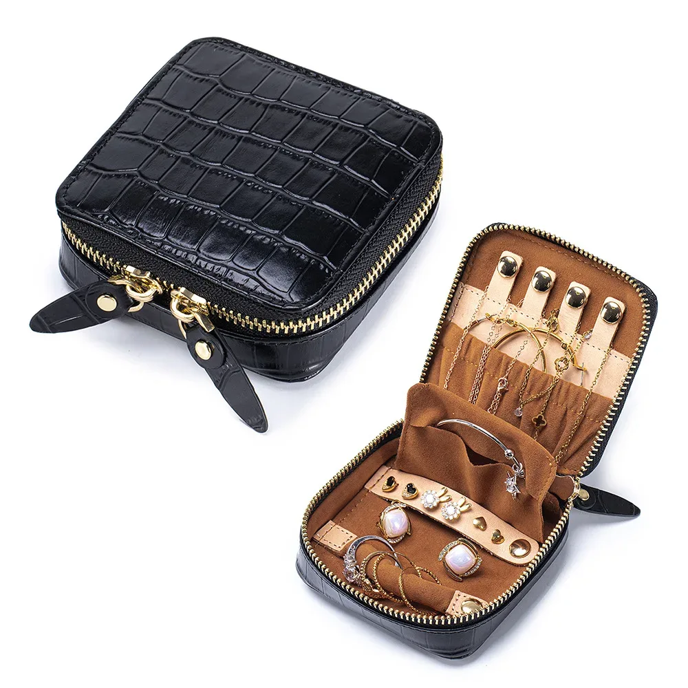 organisateur bijoux cuir crocodile marron noir beige velours brun compartiments pliable extensible cosmétiques pliant rangement voyage