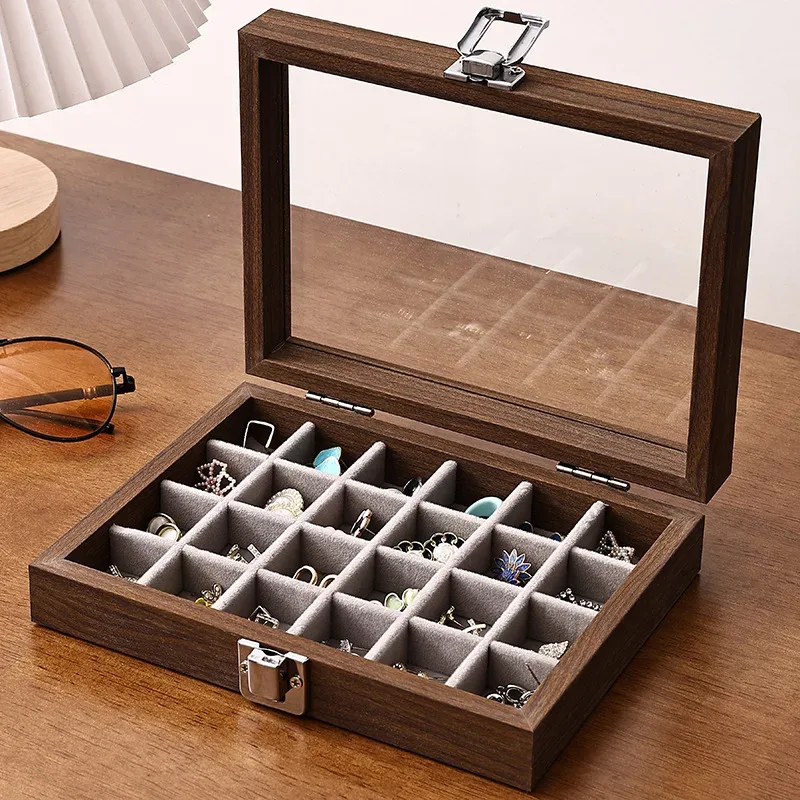 boîte à bijoux motif noyer avec couvercle, étui de rangement pour bagues, boucles d'oreilles, bracelets, chaînes, plateau de présentation en bois dur de style décontracté