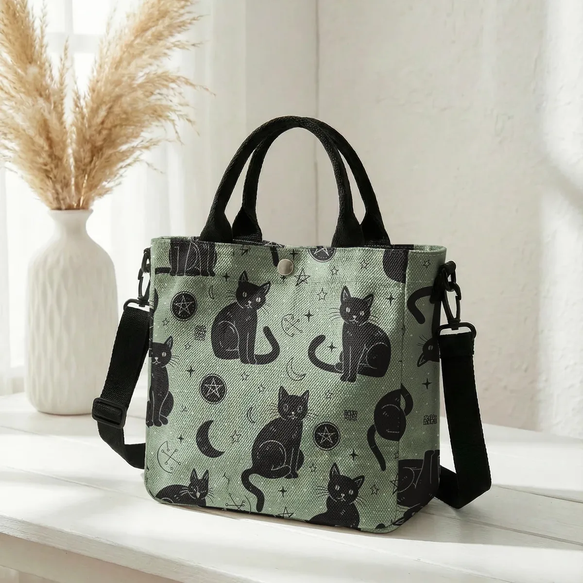 sac fourre-tout en toile rose imprimé lune et étoiles avec chat noir sorcière, bandoulière détachable, sac à main bandoulière pour femme, idéal pour le shopping quotidien