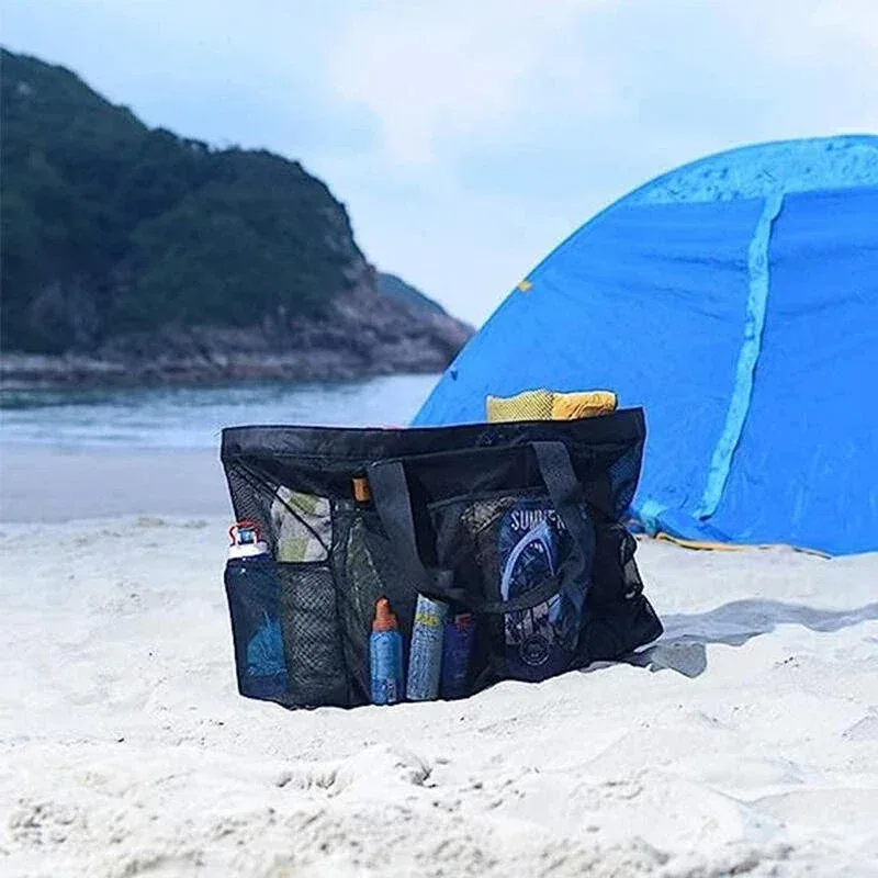 sac de plage extra large en maille avec fermeture éclair et poche, idéal pour les croisières en famille ou les vacances à la plage | sac de rangement pour articles de voyage