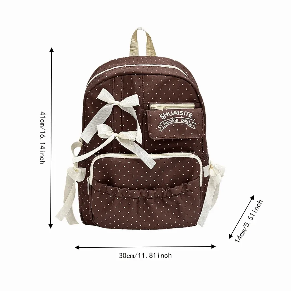 sac à dos en nylon à pois avec nœud, multi-compartiments, grande capacité, fermeture éclair, doublure en polyester, sac à dos de voyage