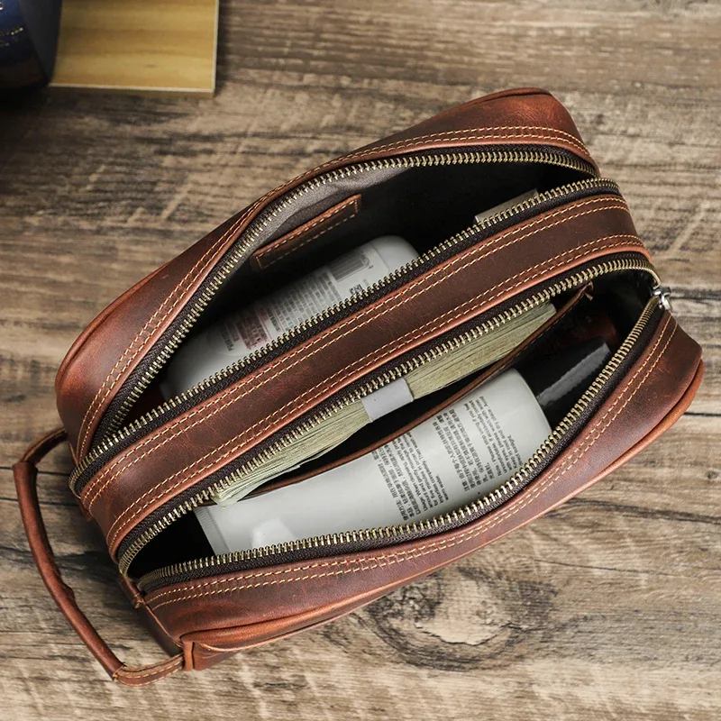 crazy horse – trousse de maquillage de voyage en cuir véritable pour hommes, étuis à cosmétiques vintage en cuir, marque de luxe, rangement de lavage, trousses de toilette