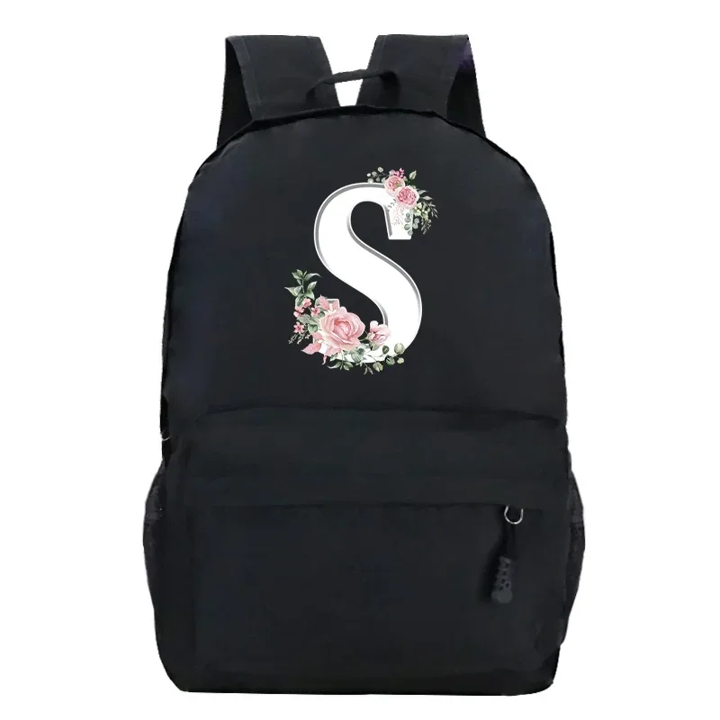 étudiant dames rose floral alphabet blanc impression sac à dos femmes fleur harajuku cartables femme rose lettre sac à bandoulière