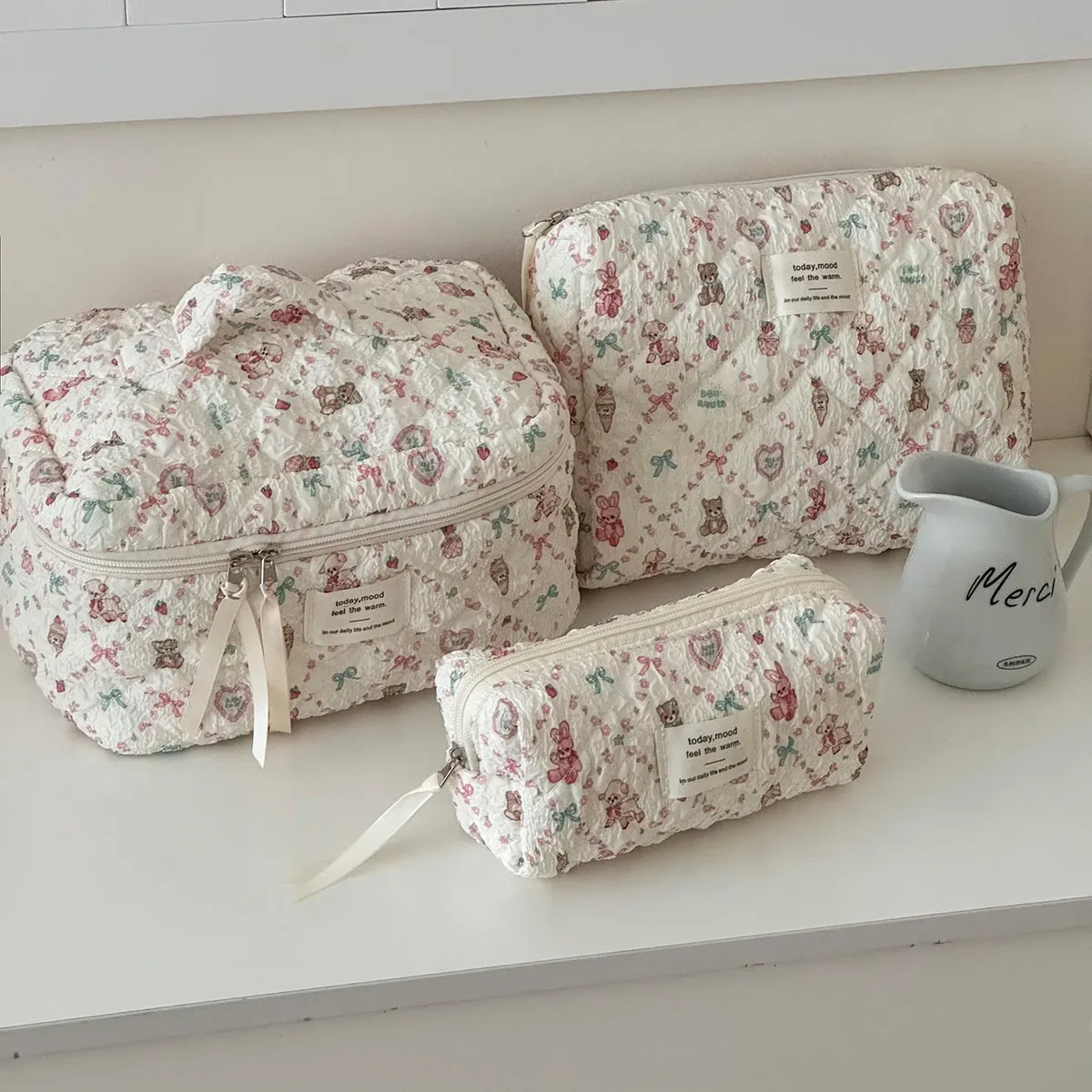 Trousse de Maquillage à Imprimé Floral Mouton, Grande Capacité, Sac de Voyage Portable, Trousse de Toilette Mignonne à Motif Dessin Animé, Pochette de Rangement Portable