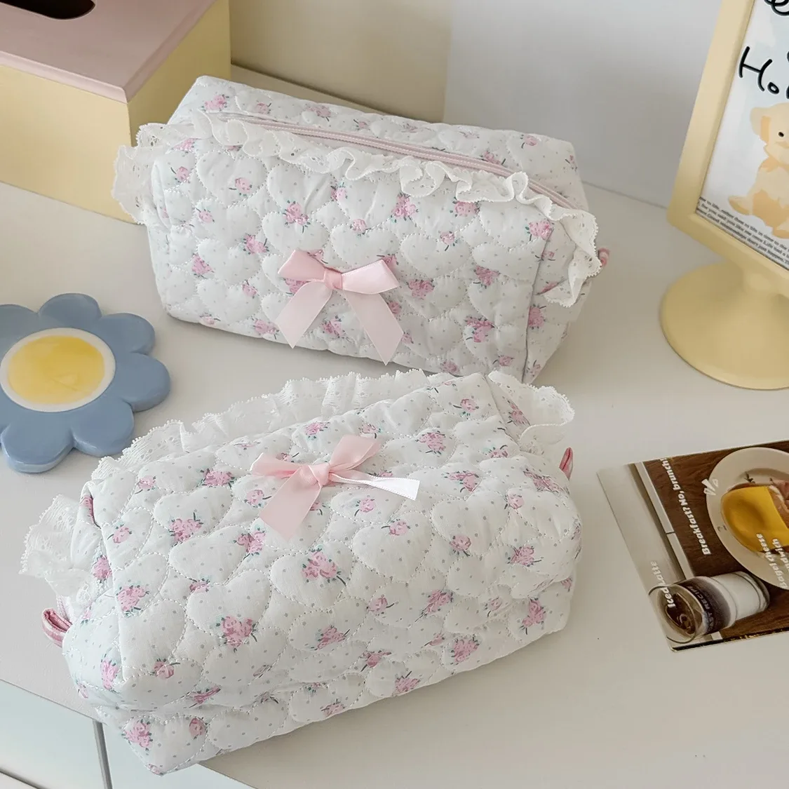 petite trousse de maquillage en dentelle à fleurs roses pour femmes, organisateur de voyage, pièces de monnaie cosmétiques, pochette pour filles, mignon nœud carré, sacs portefeuille à fermeture éclair