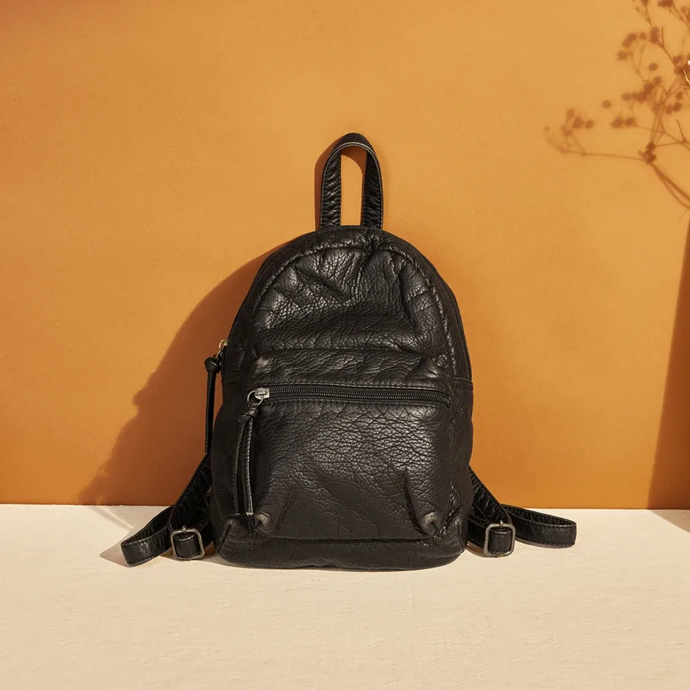 Sac Dos Cuir Souple Bleu Vintage Compact Poches Avant Poignet Souple Fermeture Éclair Usage Quotidien Femmes
