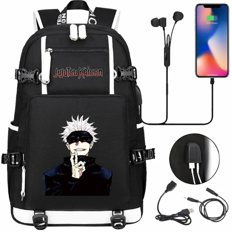 jujutsu kaimmer-sacs à dos college pour hommes et femmes, cartable anime pour adolescents, port de charge usb décontracté, sacs d'extérieur pour ordinateur portable, noir, mochila