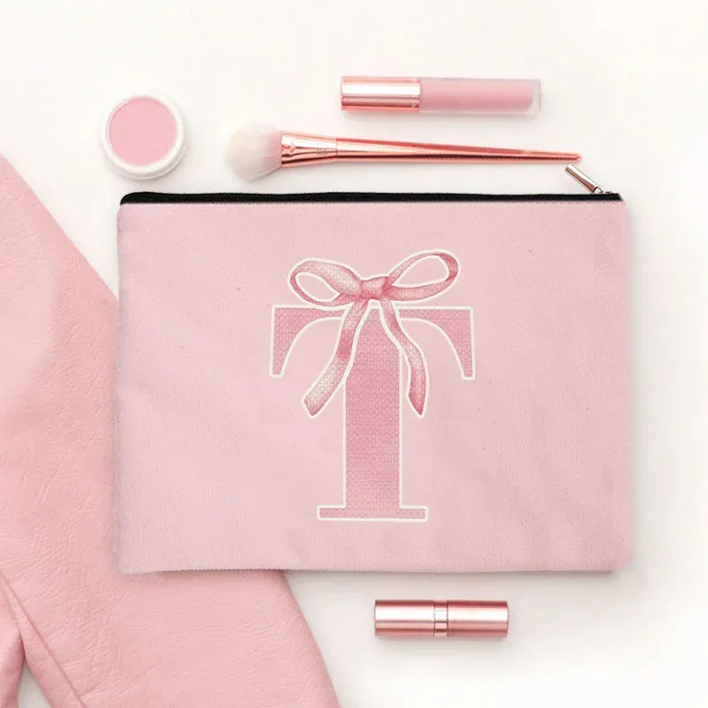 trousse de maquillage rose avec lettre initiale pour filles, poudres cosmétiques à fermeture éclair pour gorl'école de beauté, la remise des diplômes, le voyage, l'évaluation, la trousse de toilette