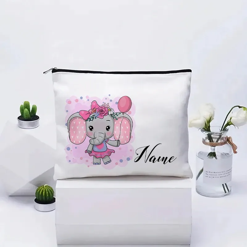 vente flash : grande trousse à maquillage en toile avec motif d'éléphant mignon, essentiels de voyage pour anniversaire d'enfants, trousse de maquillage avec nom personnalisé