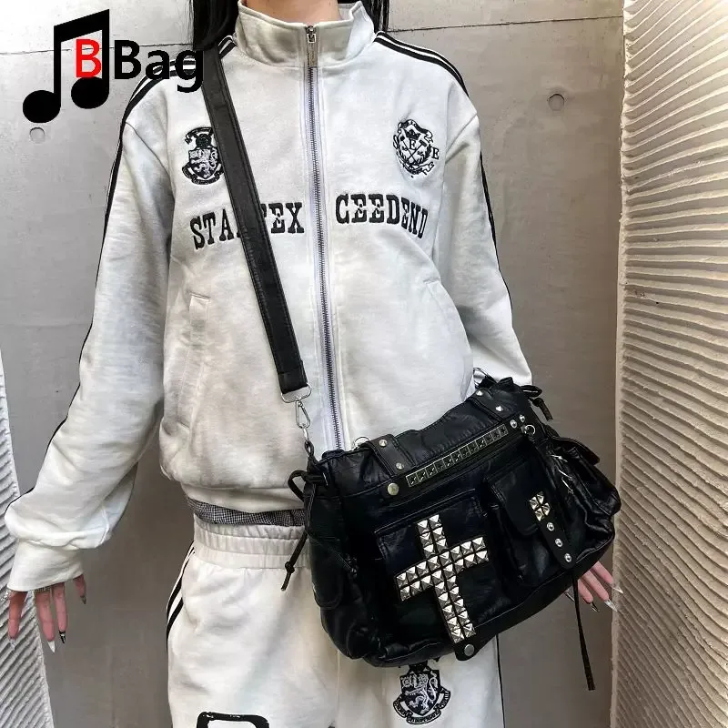 sac fourre-tout original fait main, style punk à rivets, motif croix, lourd, pour subculture visual kei, sac à main gothique, sac bandoulière harajuku