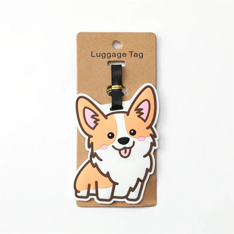 étiquette bagage plastique mignon chien corgi orange blanches roses carton brun anneau noir voyage identification