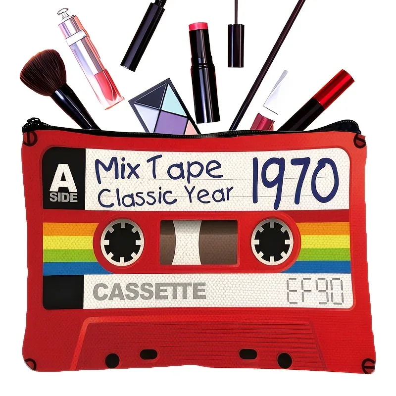 trousse de maquillage à cassette vintage – organisateur de voyage pliable avec fermeture éclair, pochette à cosmétiques pour les amateurs de musique