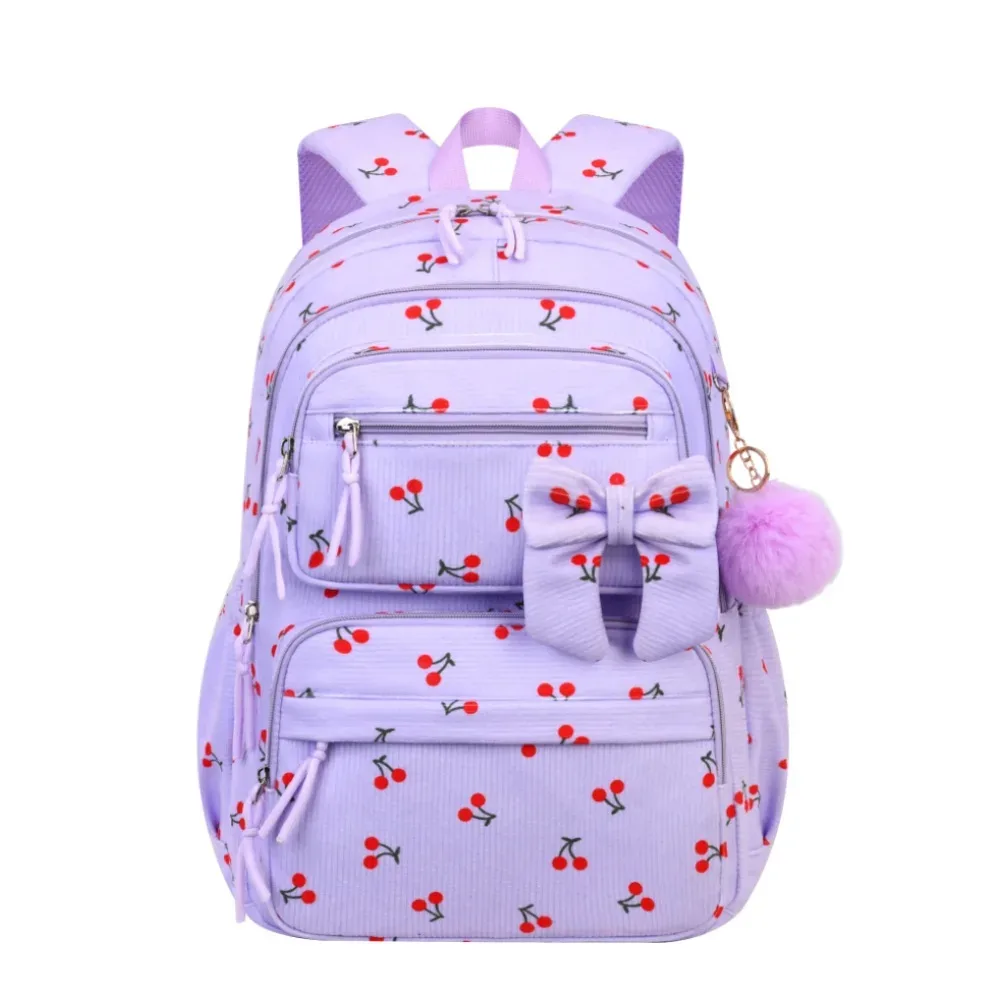 sac à dos d'école pour filles, motif cerise, sac à dos en velours côtelé pour écolière primaire, sac à livres pour enfants, sac à déjeuner, trousse à crayons, 3 pièces/ensemble