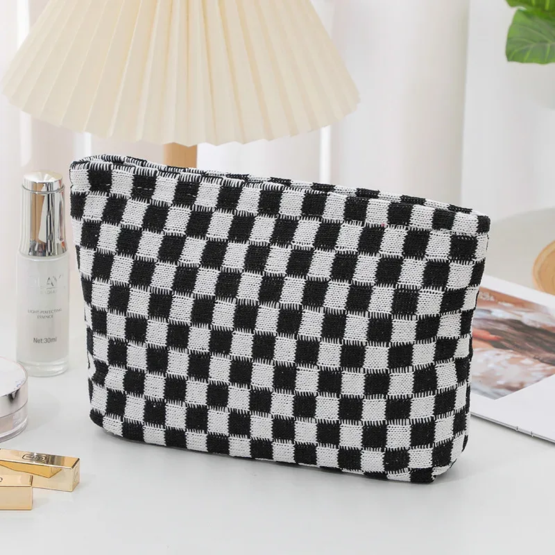 trousse de maquillage à carreaux, trousse de toilette de voyage, organisateur de pinceaux de maquillage mignons, sac de rangement d'accessoires esthétiques pour femmes