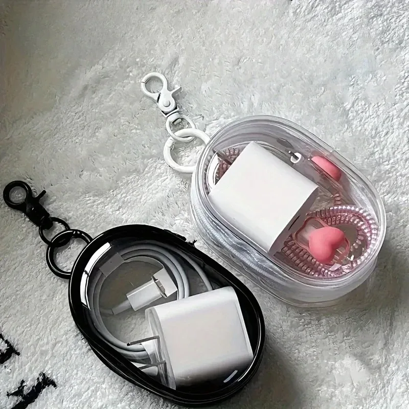 sac de rangement portable mini transparent avec fermeture éclair et boucle porte-clés, organisateur peu encombrant pour écouteurs, chargeurs et petits articles quotidiens