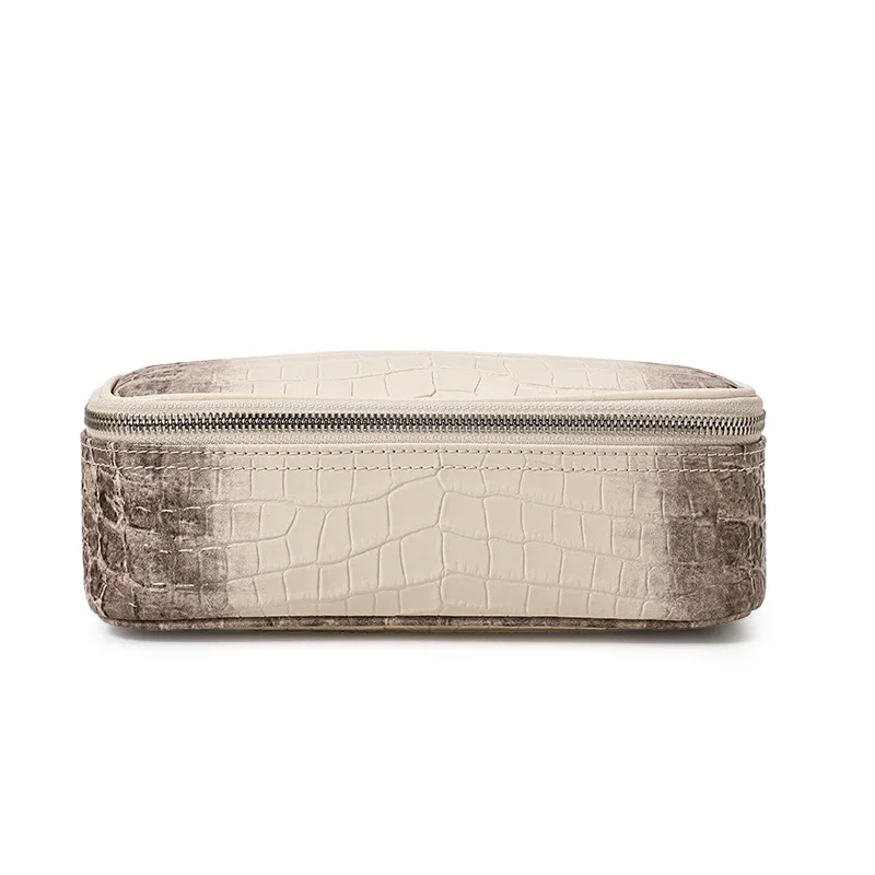 sac cosmétique en cuir véritable à motif crocodile violet pour femmes, sac de toilette de voyage portable, sac de rangement en cuir de vachette de haute qualité