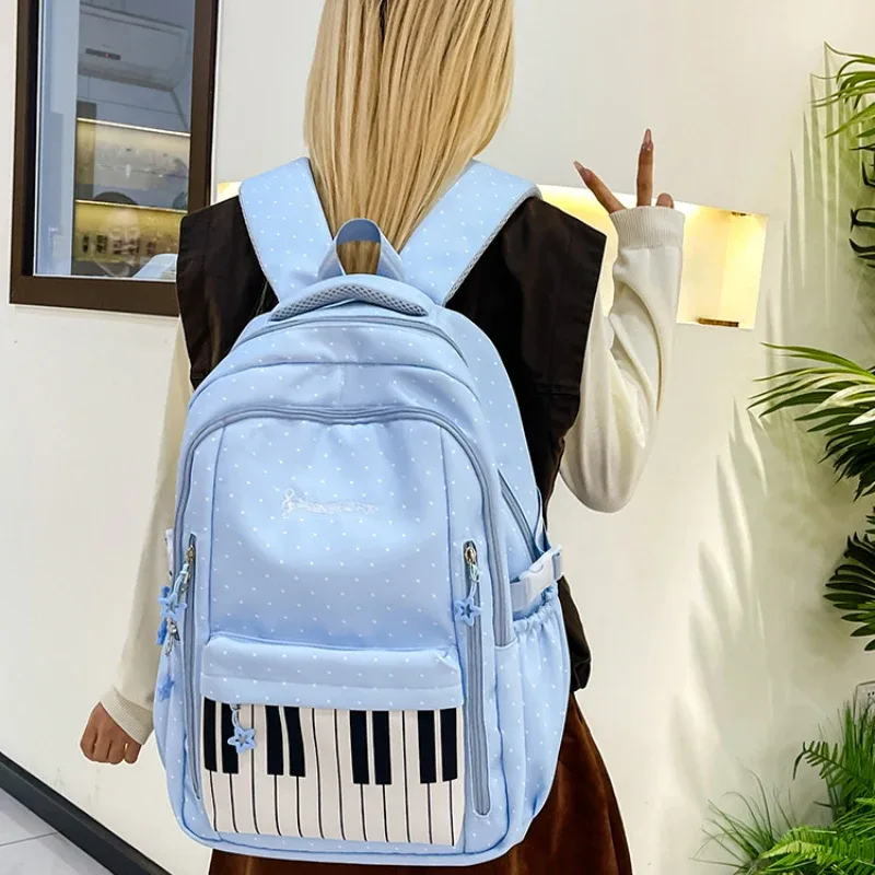 sac à dos d'étudiant grande capacité, sac à bandoulière double, imprimé à pois clavier de piano, sac de voyage scolaire, style coréen vintage