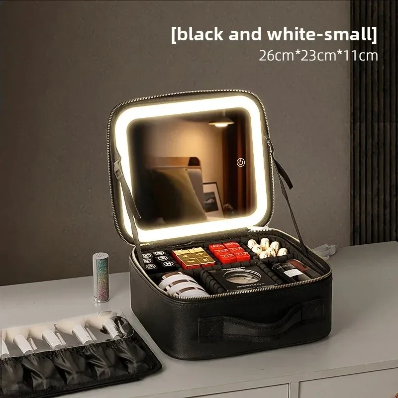 trousse de maquillage grande capacité avec miroir et lumière led, sac de retouche portable professionnel, style ins, couleur unie, autres matériaux