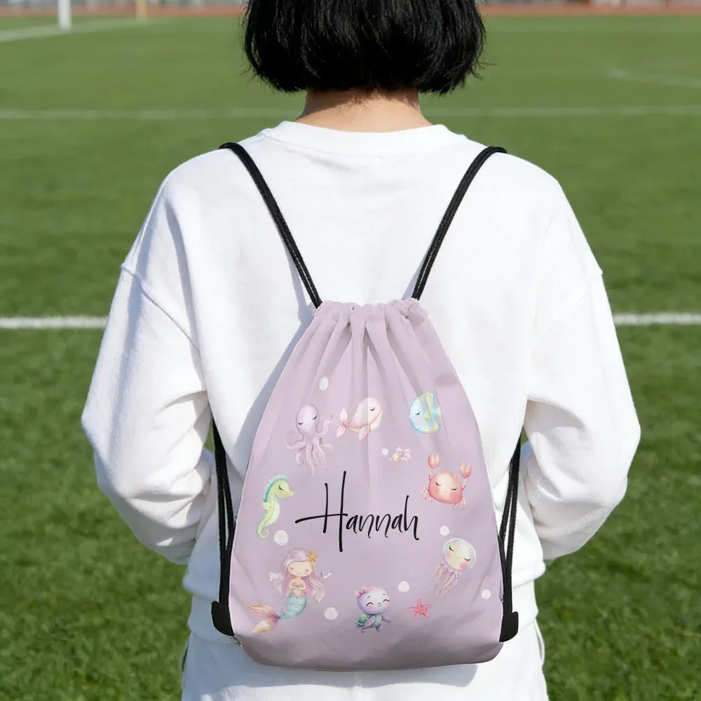sac à cordon personnalisé avec nom/texte, avec motif de sirène, sac de sport léger, sac de voyage, sac de rangement pour salle de sport, 1 pièce