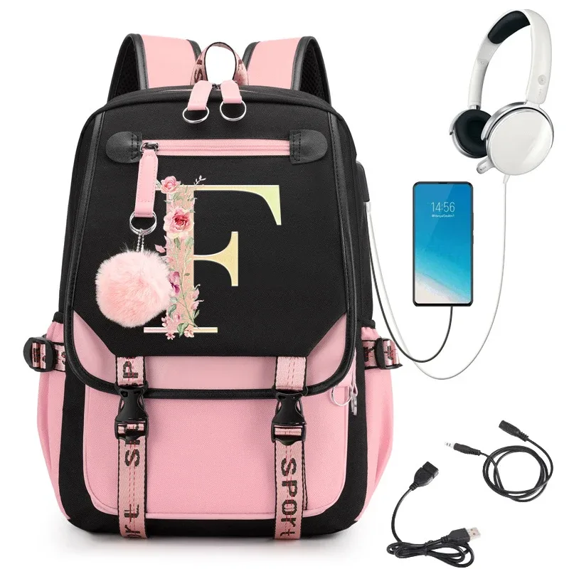 sac à dos rose graphique or imprimé lettre fleur a-z alphabet épaule sac adolescente mode fille sac à dos lycée sacs à dos