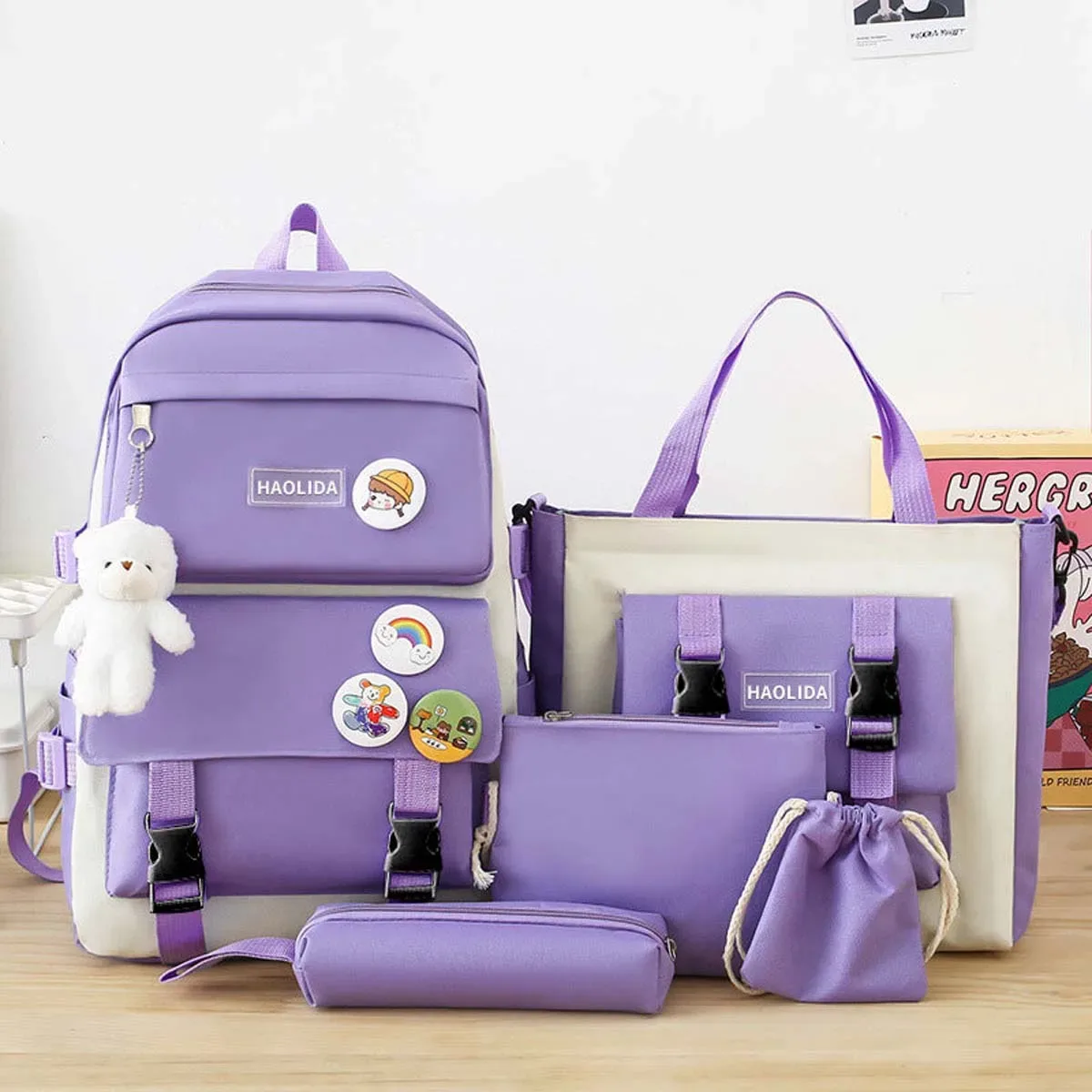 sac dos toile lavande rose pastel dessin animé ours blanc arc ciel polyester polyestride couche intermédiaire informatique ceinture coussin air voyage décontracté